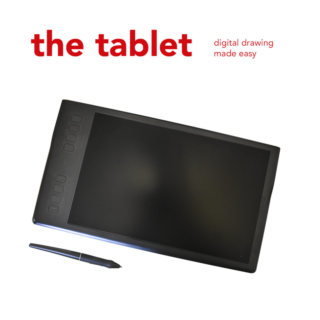 The tablet. Picture of a graphic drawing tablet and pen.